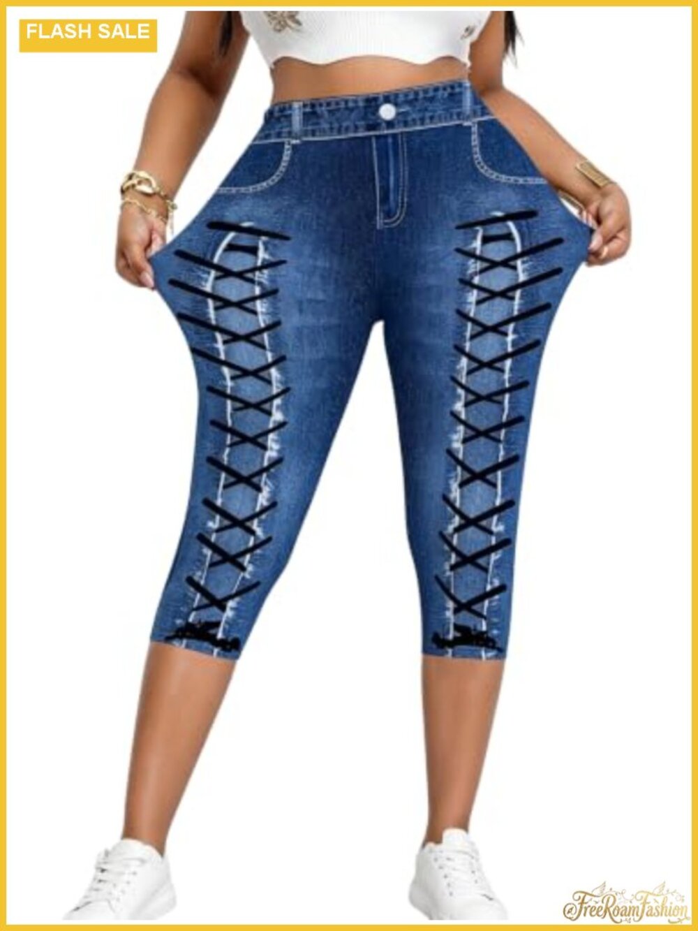 Plus Size Capri Leggings Stretchy High Waist Denim Print